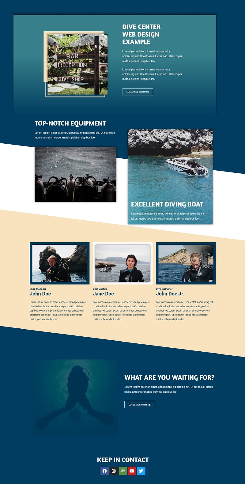 dive center landing page design including team